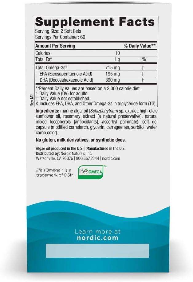 image:imageNordic Naturals Algae Omega 60 Soft Gels 715 mg Omega3 Certified Vegan Algae Oil PlantBased EPA amp DHA Heart Eye Immune amp Brain Health NonGMO 30 ServingsUnflavored