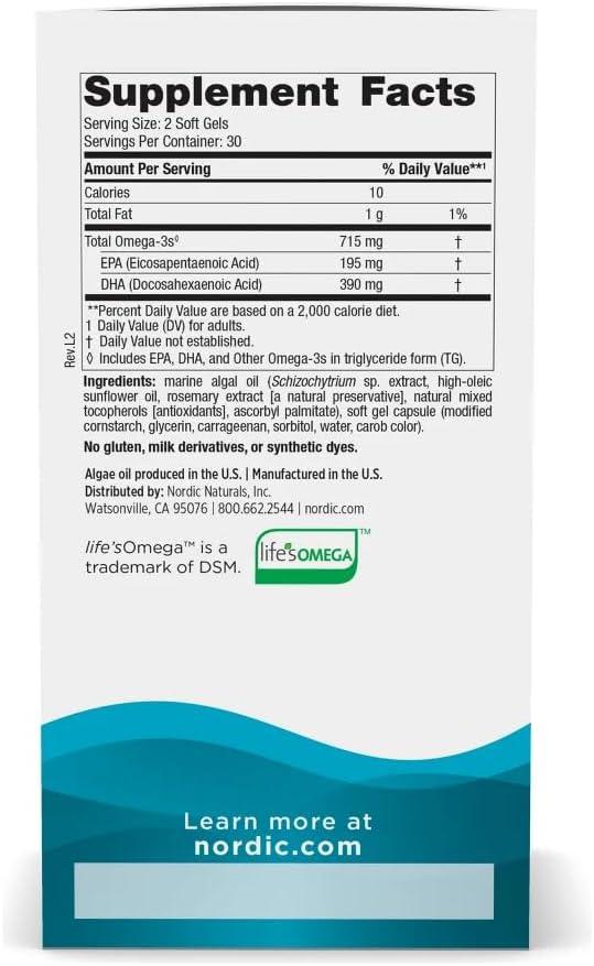 image:imageNordic Naturals Algae Omega 60 Soft Gels 715 mg Omega3 Certified Vegan Algae Oil PlantBased EPA amp DHA Heart Eye Immune amp Brain Health NonGMO 30 ServingsUnflavored