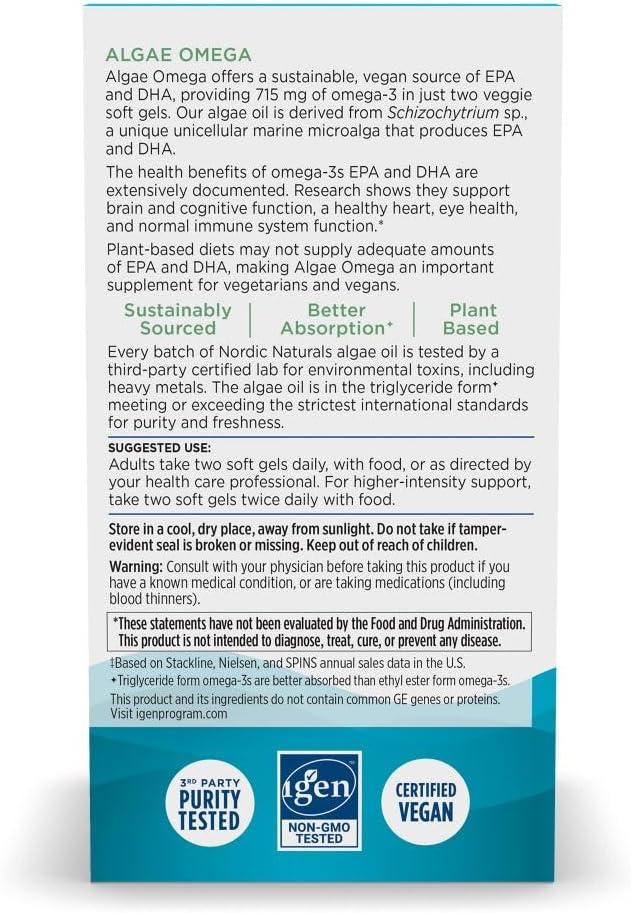 image:imageNordic Naturals Algae Omega 60 Soft Gels 715 mg Omega3 Certified Vegan Algae Oil PlantBased EPA amp DHA Heart Eye Immune amp Brain Health NonGMO 30 ServingsUnflavored