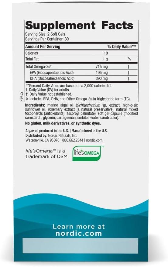 image:imageNordic Naturals Algae Omega 60 Soft Gels 715 mg Omega3 Certified Vegan Algae Oil PlantBased EPA amp DHA Heart Eye Immune amp Brain Health NonGMO 30 ServingsUnflavored