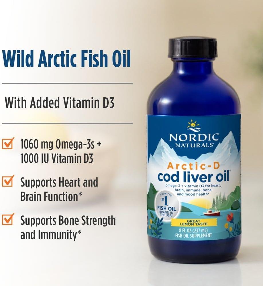 image:imageNordic Naturals ArcticD Cod Liver Oil Lemon 8 oz 1060 mg Total Omega3s 1000 IU Vitamin D3 EPA amp DHA Heart Brain Bone Immune amp Mood Support NonGMO 48 Servings