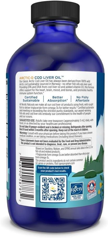image:imageNordic Naturals ArcticD Cod Liver Oil Lemon 8 oz 1060 mg Total Omega3s 1000 IU Vitamin D3 EPA amp DHA Heart Brain Bone Immune amp Mood Support NonGMO 48 Servings