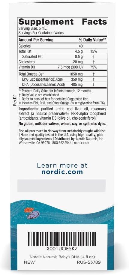 image:imageNordic Naturals Babys DHA Unflavored 2 oz 1050 mg Omega3 300 IU Vitamin D3 Supports Brain Vision amp Nervous System Development in Babies NonGMO Servings May Vary4 Fl Oz Pack of 1