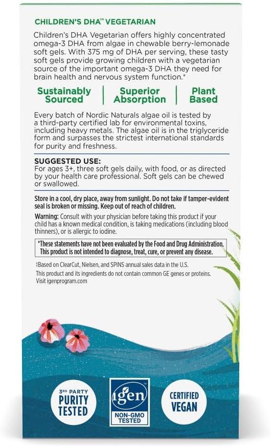 image:imageNordic Naturals Childrens DHA Vegetarian Kids DHA Omega3 Supplement Algae Oil Berry Lemonade Mini Chewables PlantBased Formula for Ages 3 120 Soft Gels 40 Servings120 Count Pack of 1
