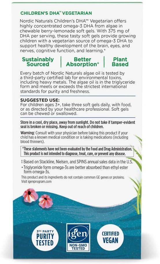 image:imageNordic Naturals Childrens DHA Vegetarian Kids DHA Omega3 Supplement Algae Oil Berry Lemonade Mini Chewables PlantBased Formula for Ages 3 120 Soft Gels 40 Servings120 Count Pack of 1