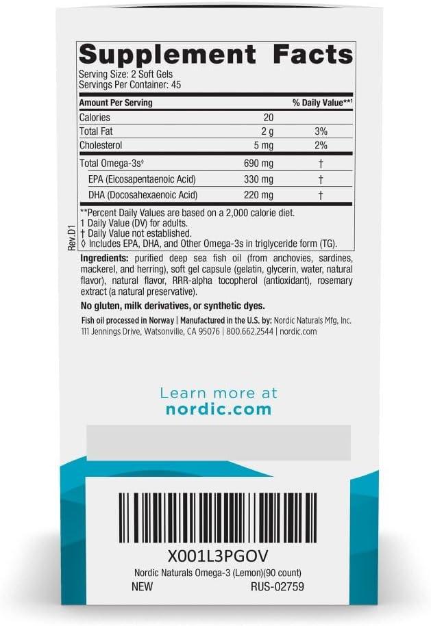 image:imageNordic Naturals Omega3 Lemon Flavor 180 Soft Gels 690 mg Omega3 Fish Oil EPA amp DHA Immune Support Brain amp Heart Health Optimal Wellness NonGMO 90 ServingsLemon