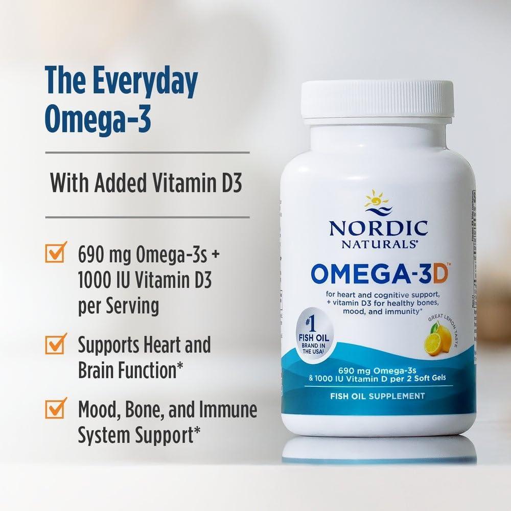 image:imageNordic Naturals Omega3D Lemon Flavor 60 Soft Gels 690 mg Omega3 1000 IU Vitamin D3 Fish Oil EPA amp DHA Immune Support Brain amp Heart Health Healthy Bones NonGMO 30120 Count Pack of 1