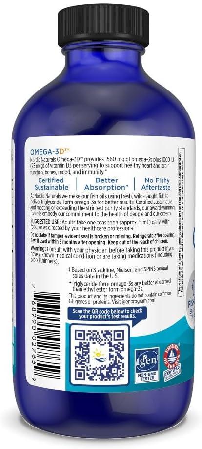 image:imageNordic Naturals Omega3D Lemon Flavor 8 oz 1560 mg Omega3 1000 IU Vitamin D3 Fish Oil EPA amp DHA Immune Support Brain amp Heart Health Healthy Bones NonGMO 48 Servings