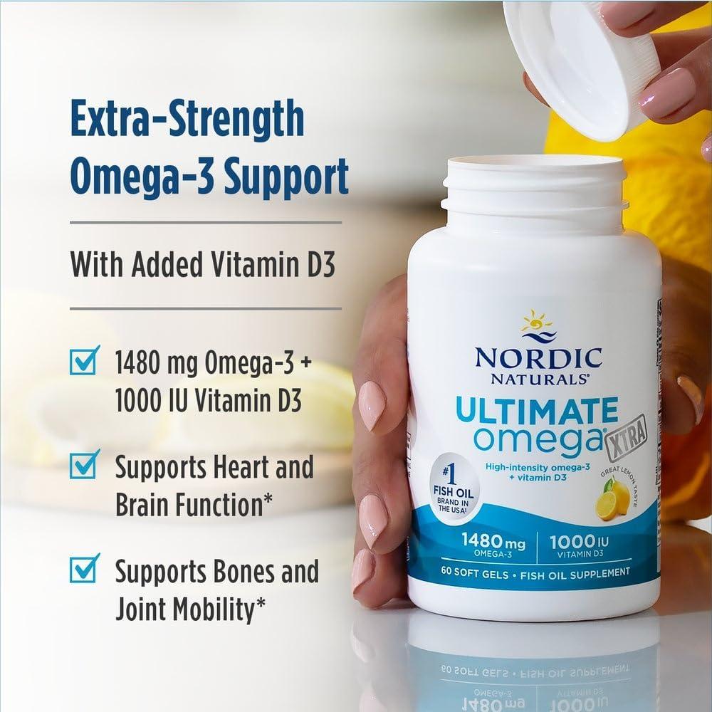 image:imageNordic Naturals Ultimate Omega Xtra Lemon Flavor 60 Soft Gels 1480 mg Omega3 1000 IU Vitamin D3 EPA amp DHA Brain Heart amp Immune Health 30 ServingsStandard Packaging