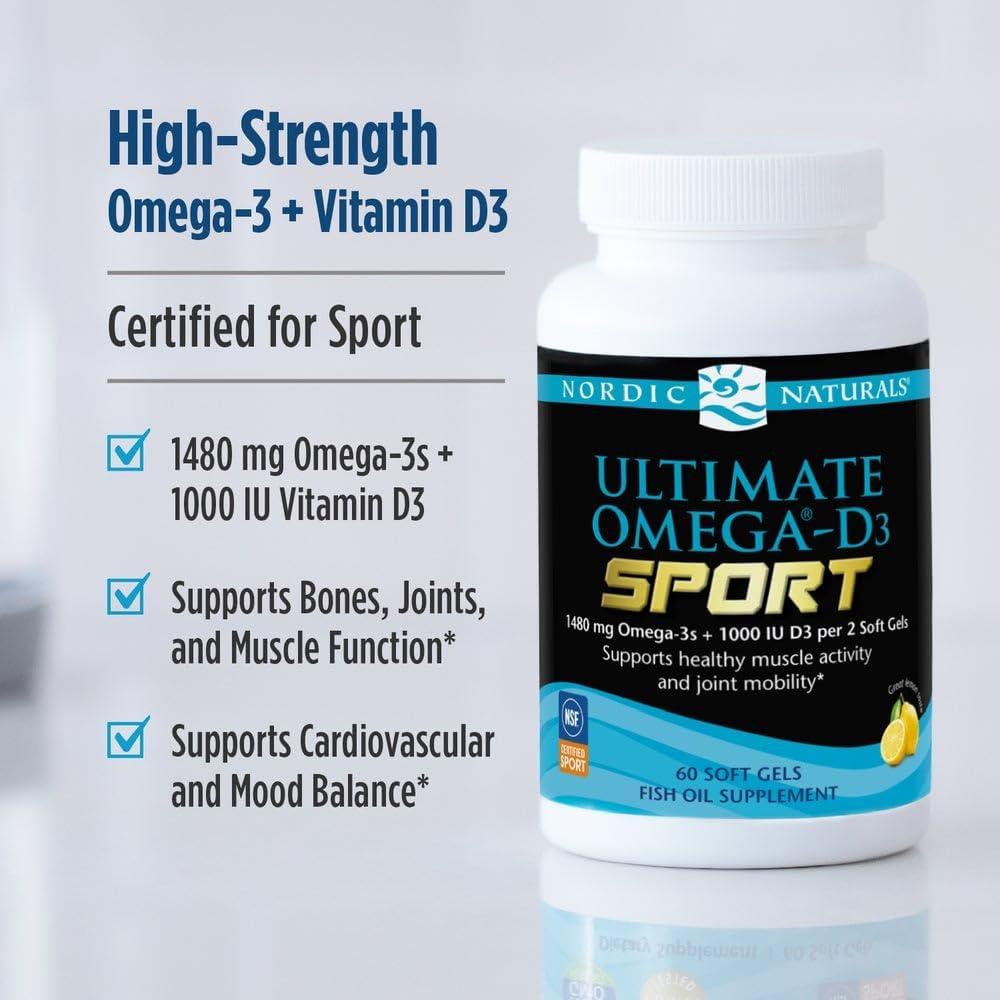 image:imageNordic Naturals Ultimate OmegaD3 Sport Lemon 60 Soft Gels 1480 mg Omega3 1000 IU Vitamin D3 NSF Certified Supports Muscle Bones Focus amp Endurance 30 Servings60 Count Pack of 1