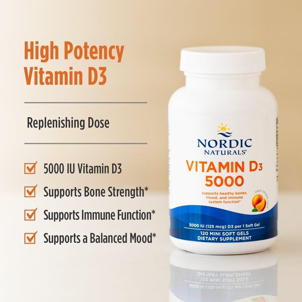image:imageNordic Naturals Vitamin D3 5000 Orange 120 Mini Soft Gels 5000 IU Vitamin D3 Supports Healthy Bones Mood amp Immune System Function NonGMO 120 Servings120 Count Pack of 2