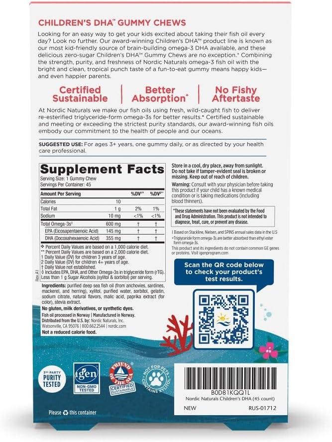 image:imageNordic Naturals Zero Sugar Childrens DHA Gummy Chews Tropical Punch 30 Gummy Chews for Kids 600 mg Total Omega3s Brain Development Learning Healthy Immunity NonGMO 30 Servings45 Count Pack of 1