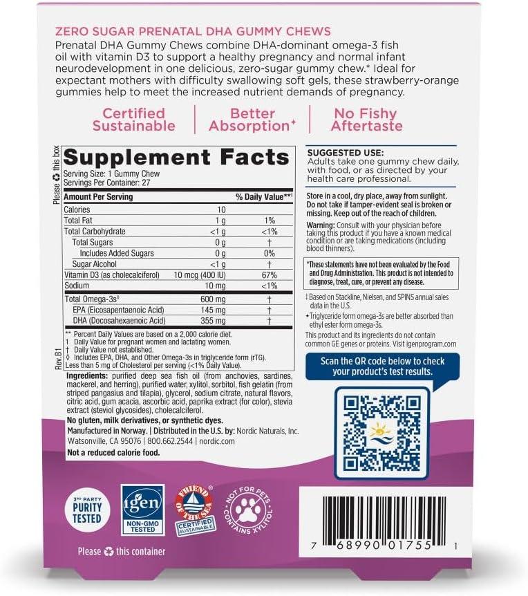 image:imageNordic Naturals Zero Sugar DHA Prenatal Vitamin Gummies Strawberry Orange Flavor 27 Gummies Supplements for Pregnancy 600 mg Omega3 Fish Oil and 400 IU Vitamin D327 Servings27 Count Pack of 1