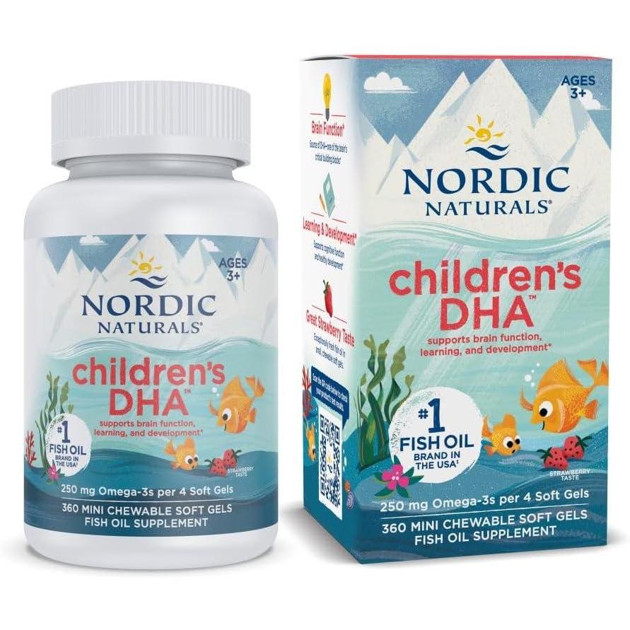 image:imageNordic Naturals Childrens DHA Strawberry 120 Mini Chewable Soft Gels for Kids 250 mg Omega3 with EPA amp DHA Brain Development amp Function NonGMO 30 Servings360 Count Pack of 1