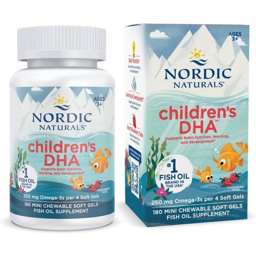image:imageNordic Naturals Childrens DHA Strawberry 120 Mini Chewable Soft Gels for Kids 250 mg Omega3 with EPA amp DHA Brain Development amp Function NonGMO 30 Servings180 Count Pack of 1