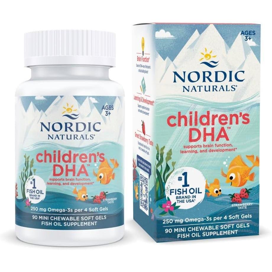 image:imageNordic Naturals Childrens DHA Strawberry 90 Mini Chewable Soft Gels for Kids 250 mg Omega3 with EPA amp DHA Brain Development amp Function NonGMO 22 Servings90 Count Pack of 1