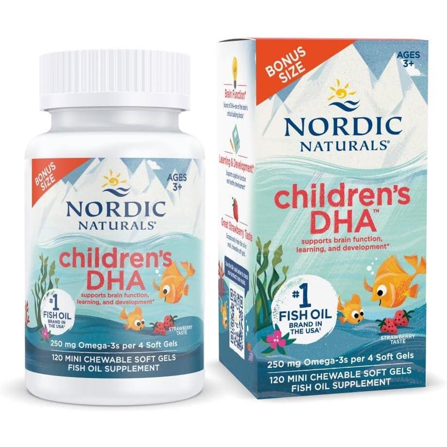 image:imageNordic Naturals Childrens DHA Strawberry 90 Mini Chewable Soft Gels for Kids 250 mg Omega3 with EPA amp DHA Brain Development amp Function NonGMO 22 Servings120 Count Pack of 1