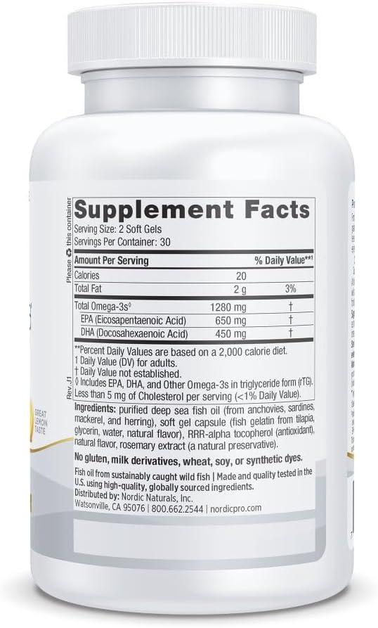image:imageNordic Naturals ProOmega in Fish Gelatin Lemon Flavor 60 Soft Gels 1280 mg Omega3 High Potency Fish Oil EPA amp DHA Promotes Brain Eye Heart amp Immune Health NonGMO 30 Servings