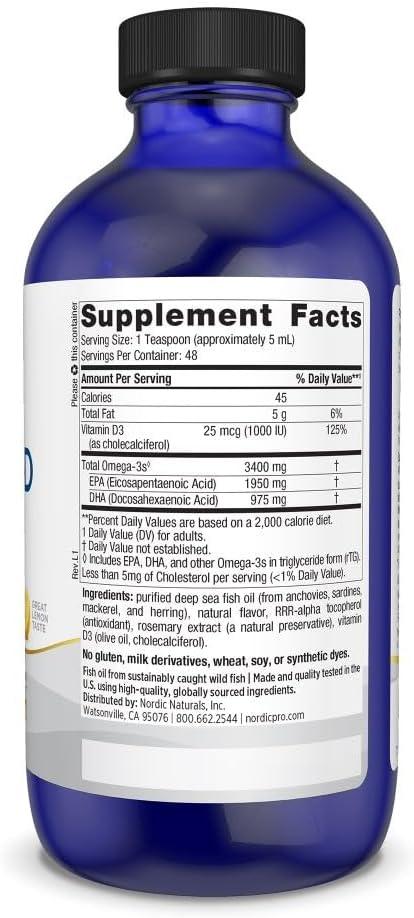 image:imageNordic Naturals ProOmegaD Xtra Liquid Lemon Flavor 8 oz 3400 mg Omega3 1000 IU D3 HighPotency Fish Oil EPA amp DHA Brain Eye Heart amp Immune Health NonGMO 48 Servings